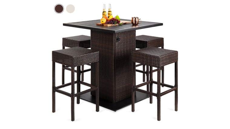 Package | Outdoor Table – Brown 5-Piece Wicker Bar Set w/ 4 Stools, Built-In Bottle Opener, Hidden Storage | Rental