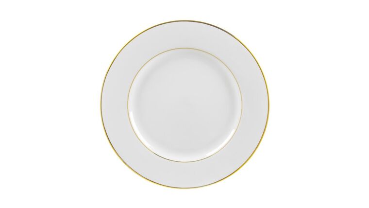 White/Gold Double Line Dinner Plate – 10.75″ | Rental