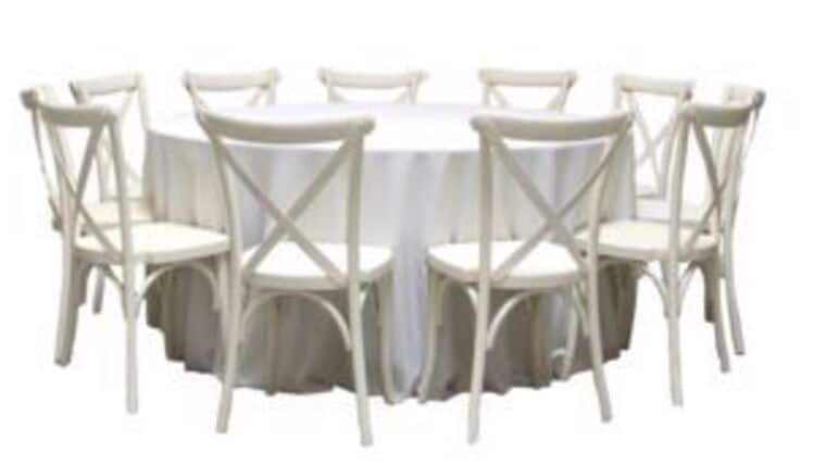 Package – 1 Banquet Round Table with 10 Vintage White Cross-Back Chairs Package | Rental
