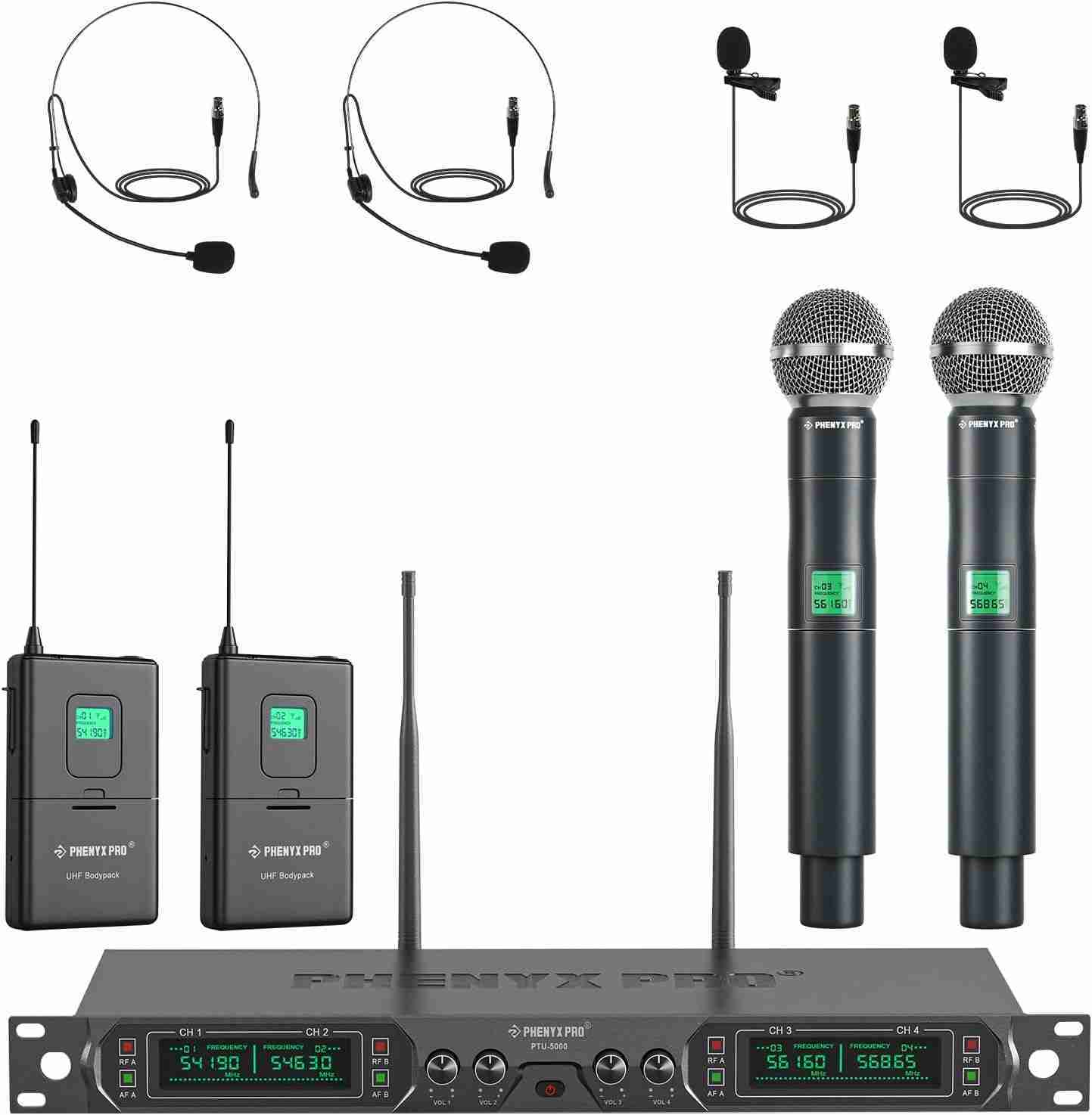 Phenyx Pro Wireless Microphone System, 4-Channel UHF Wireless Mic Set with Handheld/Bodypack/Headset/Lapel Mics, Fixed Frequency Metal Cordless Microphone for Church,Singing,DJ(PTU-5000-2H2B) : Musical Instruments | Rental Phenyx Pro Wireless Microphone System, 4-Channel UHF Wireless Mic Set with Handheld/Bodypack/Headset/Lapel Mics, Fixed Frequency Metal Cordless Microphone for Church,Singing,DJ(PTU-5000-2H2B) : Musical Instruments | Rental