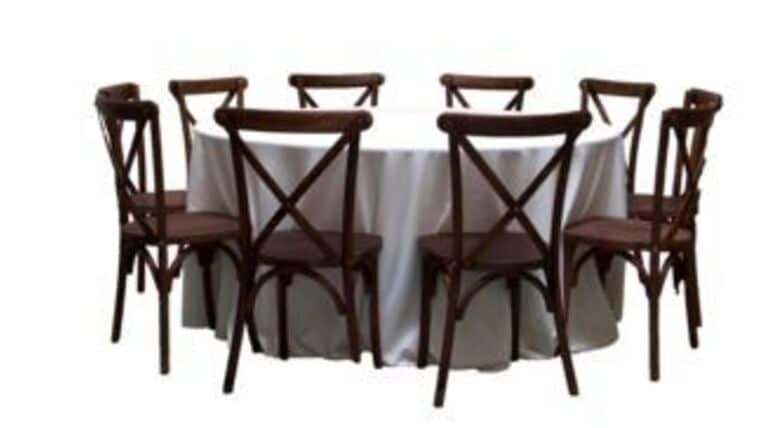 Package – 1 Banquet Round Table with 10 Mahogany Cross-Back Chairs Package | Rental