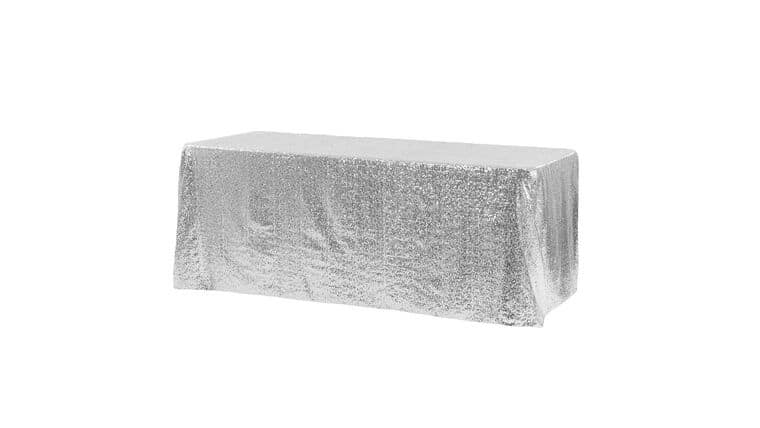 90" x 132" Silver Sequin Tablecloth | Rental