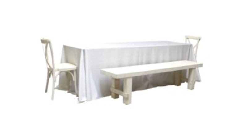 Package – 1 Banquet Table With 2 Vintage White Long Benches And 2 Vintage White Cross-Back Chairs Package | Rental