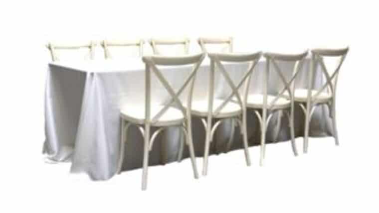 Package – 1 (8′) Banquet Table With 8 Vintage White Cross-Back Chairs Package | Rental