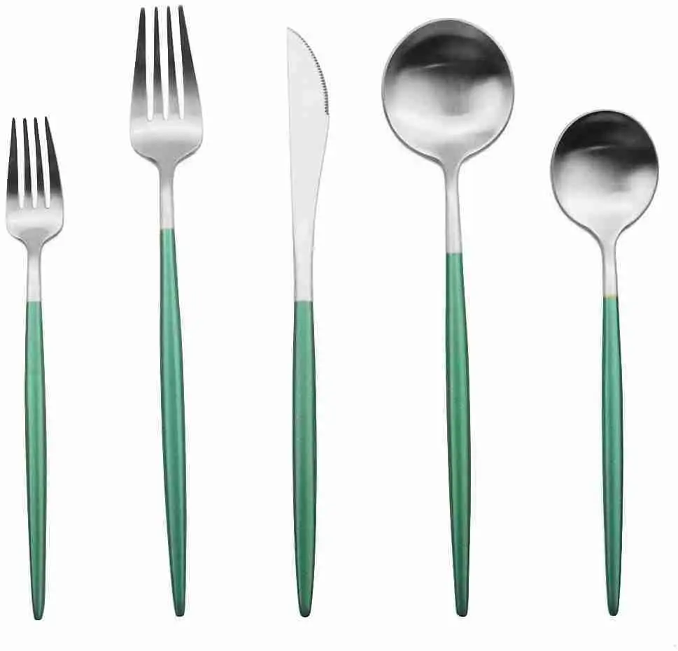 Package – Modern Silver/Green Matte 5 Piece Flatware Set | Rental