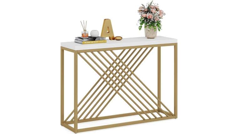 Console Table – 42.5 Inches Console Table, Modern Gold Sofa Table, Narrow Entryway Table with Metal Frame for Living Room, Hallway, Entryway, White & Gold | Rental Console Table – 42.5 Inches Console Table, Modern Gold Sofa Table, Narrow Entryway Table with Metal Frame for Living Room, Hallway, Entryway, White & Gold | Rental