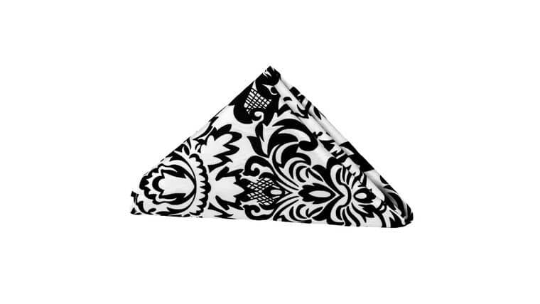 Polyester | 20″x20″ Damask Flocking Napkin – Black & White | Rental
