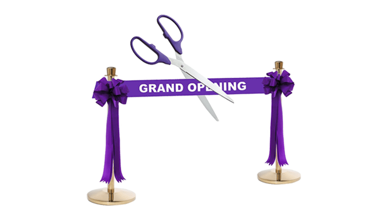 25″ Deluxe Grand Opening Kit – Purple/Silver Ceremonial Ribbon Cutting Scissors with 5 Yards of 6″ Red Grand Opening Ribbon, 2 Red Bows and 2 White Plastic Stanchions | Rental