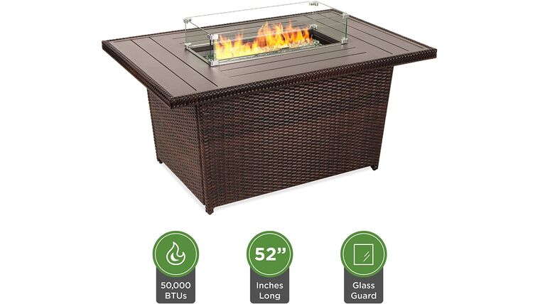 Fire Pit – 52in Outdoor Wicker Propane Fire Pit Table 50,000 BTU w/Glass Wind Guard, Tank Holder, Cover-Brown | Rental