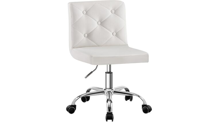 Leather Mid-Back Armless Vanity Chair Adjustable Height 360° Rolling Swivel for Home Office Work, White | Rental