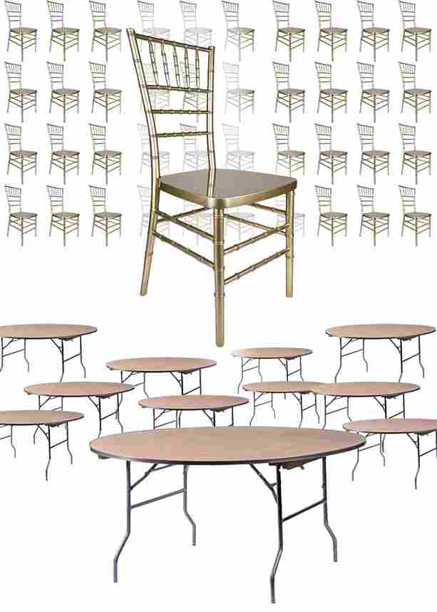 100 Person Luxury Event Package: 100 Sparkling Gold Champagne Resin Steel Core Chiavari Chairs Plus 10 Round 72″ Heavy Duty Banquet Folding Tables & 1 Banquet Table Cart | Rental 100 Person Luxury Event Package: 100 Sparkling Gold Champagne Resin Steel Core Chiavari Chairs Plus 10 Round 72″ Heavy Duty Banquet Folding Tables & 1 Banquet Table Cart | Rental