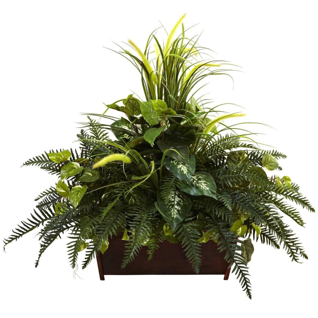 Mixed Grass & River Fern w/Wood Planter | Rental Mixed Grass & River Fern w/Wood Planter | Rental