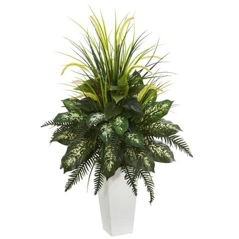 Mixed River Fern and Dogtail Artificial Plant in White Tower Planter | Rental Mixed River Fern and Dogtail Artificial Plant in White Tower Planter | Rental