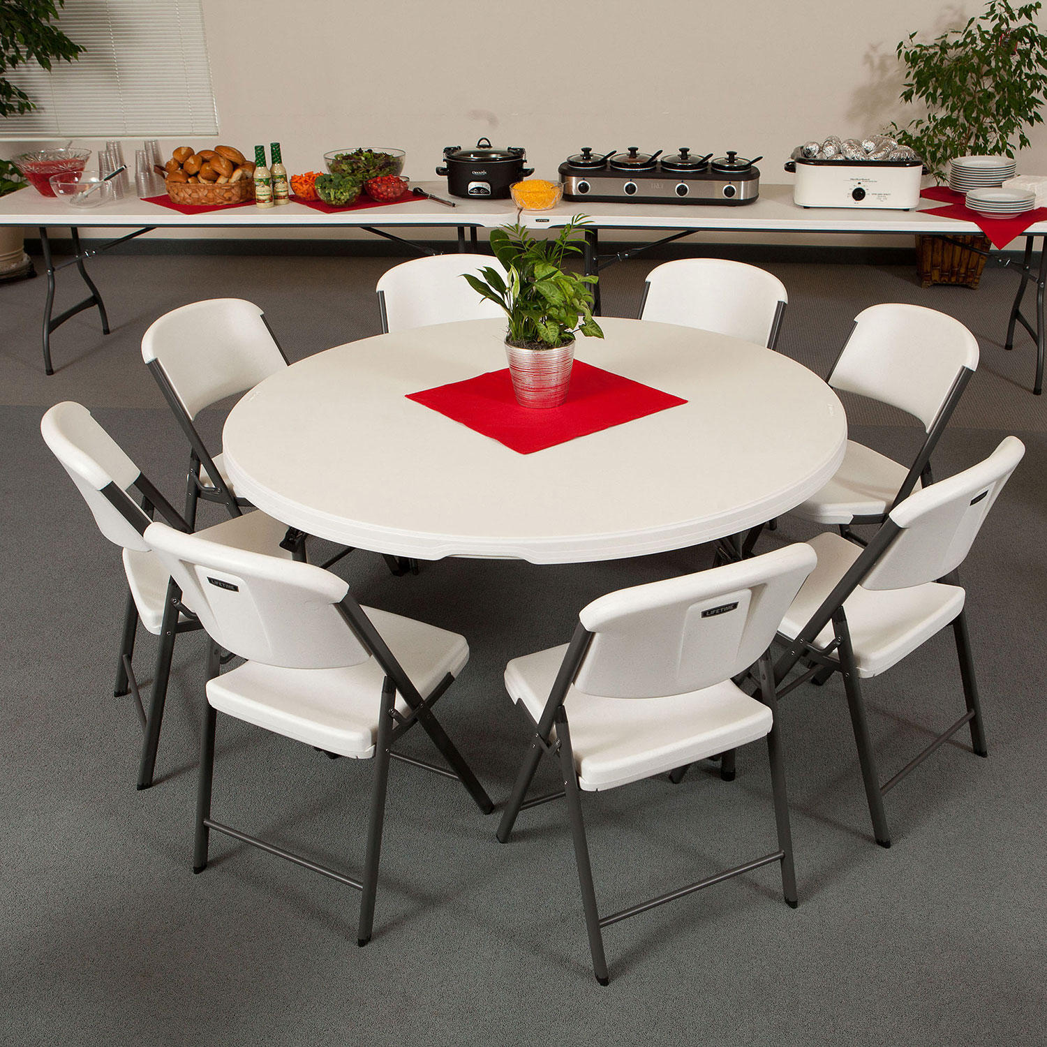 Package – (4) 60″ Tables, (2) 8′ Tables and (48) Folding Chairs, White Granite | Rental