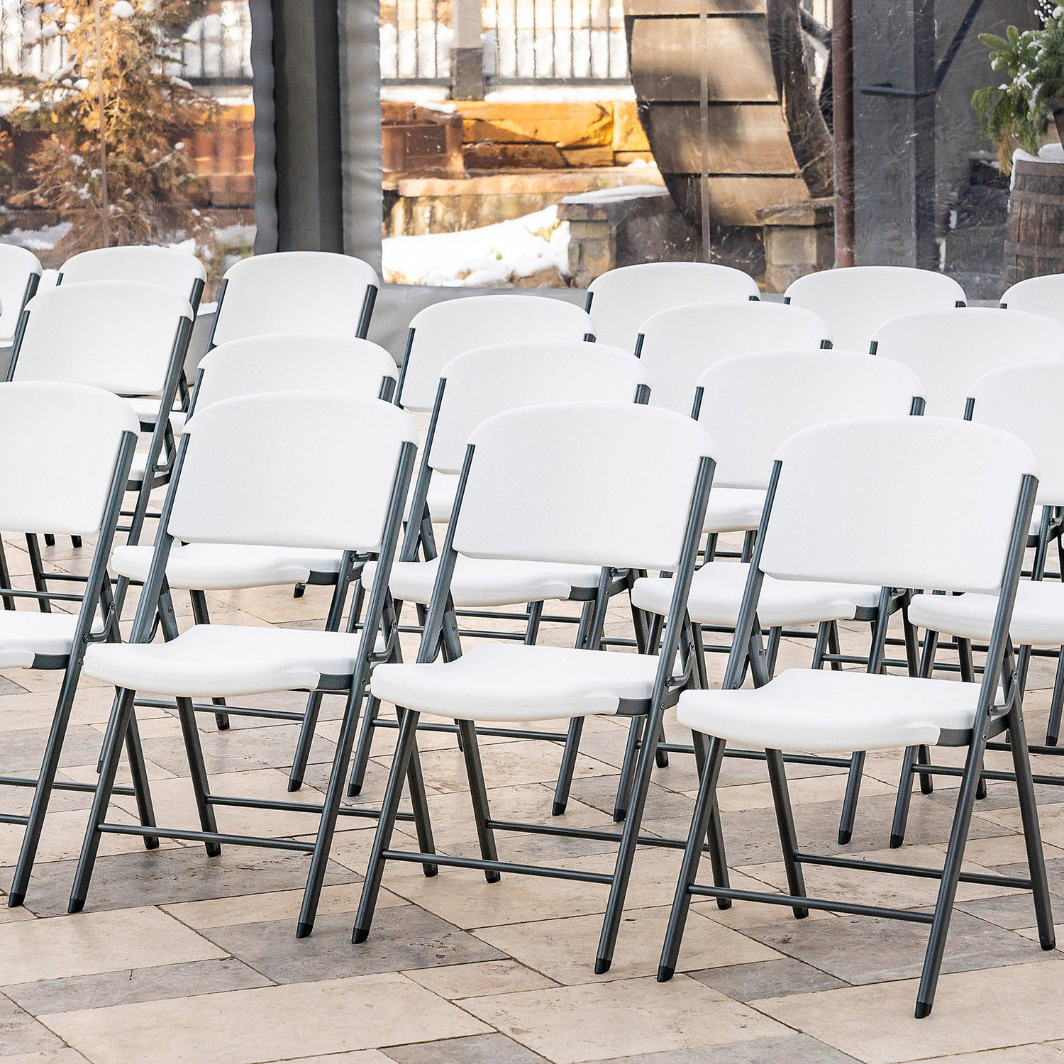 Package – (8) 5’ / 60” Round Fold-In-Half Tables and (64) Chairs Set | Rental