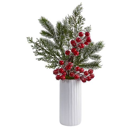 19” Iced Pine and Berries Artificial Arrangement in White Vase | Rental 19” Iced Pine and Berries Artificial Arrangement in White Vase | Rental