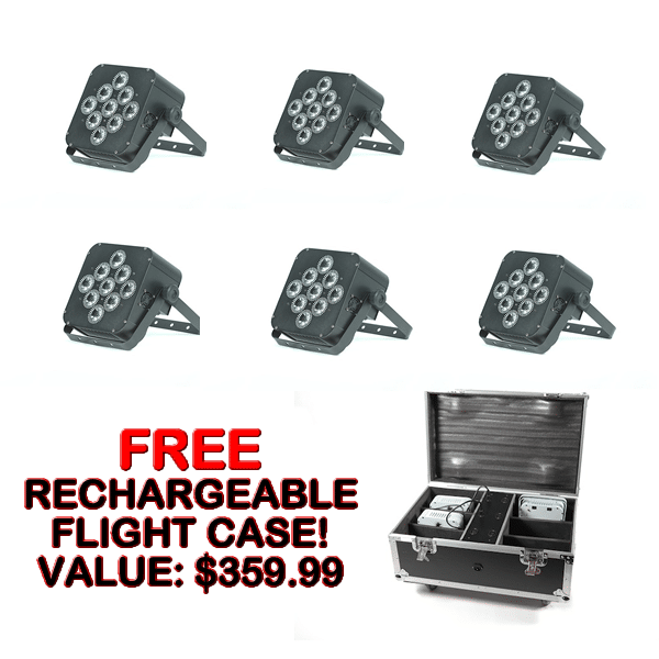 5 in 1 Battery Powered, Wireless DMX Flat LED Light – 6 Pack – FREE RECHARGING FLIGHT CASE | Rental