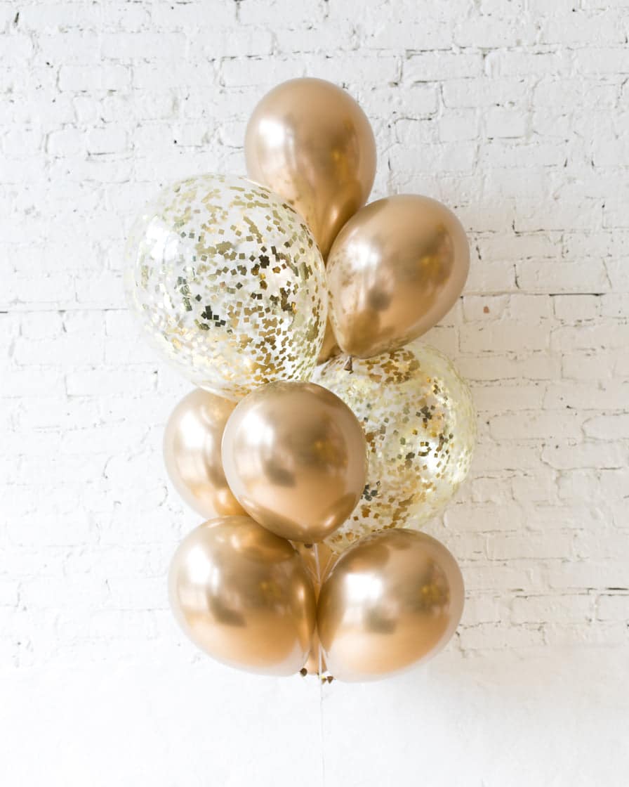 Golden – Confetti and 11in Balloons – bouquet of 10 | Rental