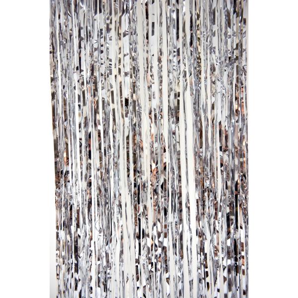 Decostar™ Value Metallic Foil Fringe Curtain 96″ – Silver | Rental