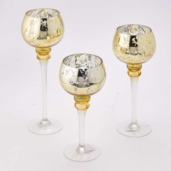 Decostar™ Gold Mercury Glass Stem Candle Holder – 3pc/set – 12″, 14″, 16″ | Rental